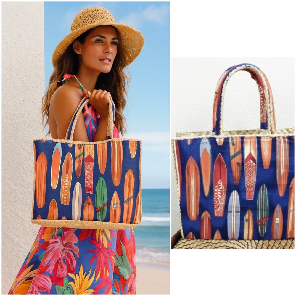 Hawaiian Woven Wicker Surfing Boards Print Basket Purse Bag
